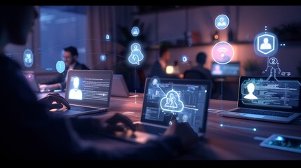 Office digital setup showing online security features, floating avatars, and coding activity on laptops.