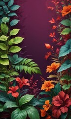 Poster - Tropical Flowers and Leaves on Purple Background.