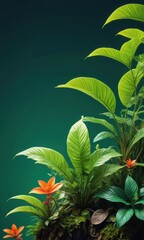 Wall Mural - Lush Green Tropical Leaves with Orange Flowers.