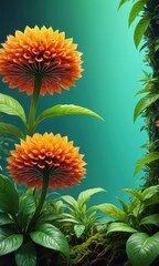 Wall Mural - Orange Flowers with Green Leaves on a Teal Background.