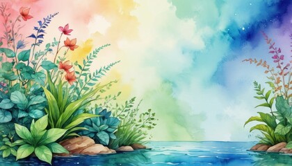 Wall Mural - Watercolor Painting of Floral Landscape with Lake and Sky.