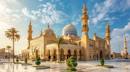 Wall Mural - A majestic mosque with grand domes, minarets, and intricate tilework, illustrating Islamic architecture.