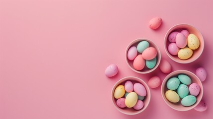 Canvas Print - Easter card with tiny eggs in three bowls on pink background with space for text