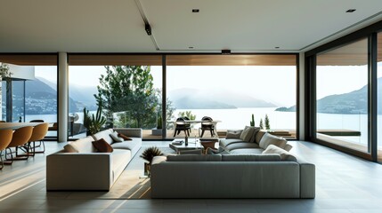 Poster - A minimalist, open-plan living space with clean lines and large windows offering a panoramic view.