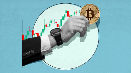 Poster - Business hand holding a Bitcoin coin with a chart