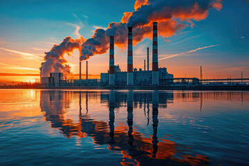 at sunset, the chimney of the power plant by the river emitted thick smoke