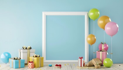 3D rendering of a large photo frame with vibrant balloons and gifts on the floor, light blue background, festive setup.