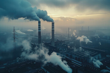 Bird's-eye view of the chimney of the power plant emitting thick smoke