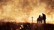 © Ben Kuang - Silhouette of a family standing by a cross at sunset, embracing in a field of golden light.