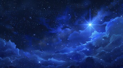 Wall Mural - Serene night sky with twinkling stars and a radiant star illuminating deep blue clouds