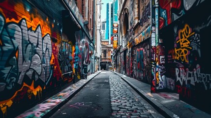 Naklejka na meble A narrow alleyway in a bustling city, filled with colorful graffiti and street art, capturing urban creativity.