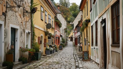  A narrow cobblestone street in a historic European town, flanked by charming old buildings and quaint shops.