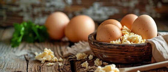 Wall Mural - Fresh Eggs in a Wooden Bowl on a Rustic Table