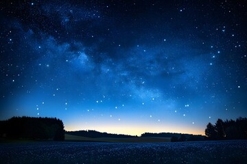 Wall Mural - Starry night sky over a vast, tranquil field with a hint of twilight on the horizon.