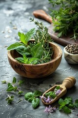 Wall Mural - Fresh Herbs in a Wooden Bowl with a Rustic Background