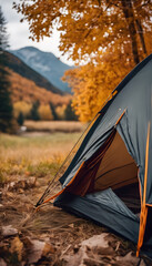 a tent set up in a scenic autumn forest with colorful foliage and mountains in the background.