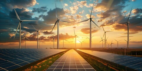 renewable energy sources like windmills turbines and solar panels against a sunset sky. concept rene