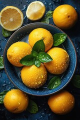 Sticker - Lemons in a Blue Bowl with Water Drops