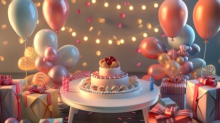 Wall Mural - Festive 3D background with a circular table featuring balloons, cake, and gifts for a birthday party.