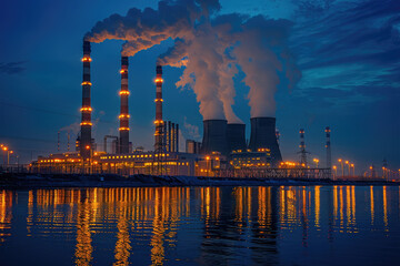 At sunset, the chimney of the power plant by the river emitted thick smoke