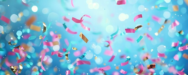 Wall Mural - Festive confetti cascading on a blurred blue background, ideal for party concepts with plenty of copy space for text.