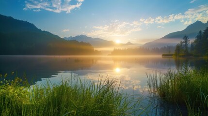 Wall Mural - Misty Mountain Lake at Sunrise