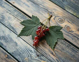 Wall Mural - Ripe red currant with green leaves on a wooden background.