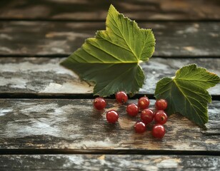 Wall Mural - Ripe red currant with green leaves on a wooden background.