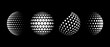 © vika_k - White halftone pattern sphere collection. Hexagon wireframe 3d circle set. Grid globe element bundle. Round dotted shape pack for tech poster, banner, cover, emblem, leaflet. Vector illustration