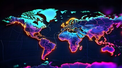 a world map example using geospatial data mapping, where the interconnected nodes represent global connectivity. The world's locations are closely connected, Geographical map that is dynamic and intel