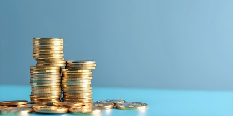 Wall Mural - Coins stacked on a blue background representing business finance and investment. Concept Business Finance, Investment, Coins, Blue Background, Stacked Coins