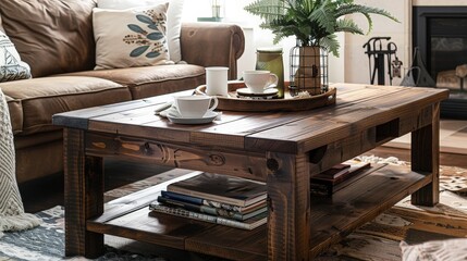 Poster - A rustic wooden coffee table with a lower shelf, holding books, magazines, and a tray with coffee cups, creating a cozy living room setting.