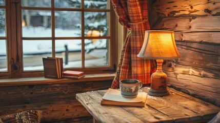 Wall Mural - A rustic wooden side table in a cozy cabin, holding a lamp, a book, and a cup of hot cocoa, perfect for a winter retreat.