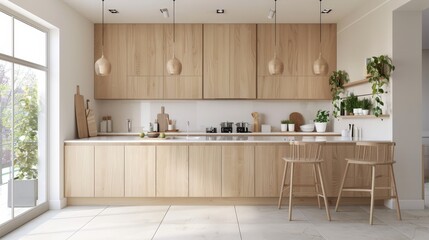 Poster - A Scandinavian-style kitchen with light wood cabinets, white countertops, and minimalist decor, creating a clean and calming environment.