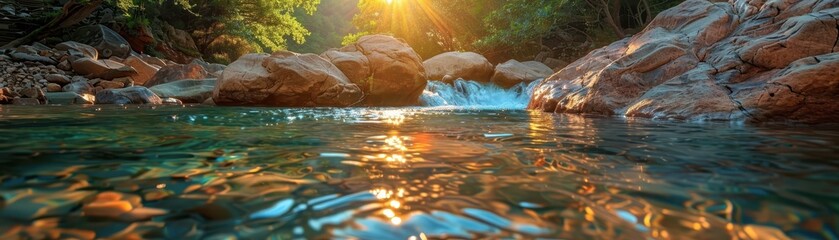 Wall Mural - Tranquil Mountain Stream at Sunset