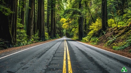 Sticker - A scenic road through a national park, surrounded by towering redwoods and lush greenery, ideal for nature lovers.