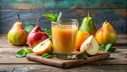 Wall Mural - Fresh pear juice with assorted fruit slices , healthy, drink, beverage, refreshing, organic, natural, vitamin C, hydrating, delicious