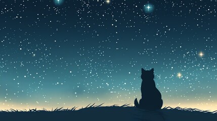 Naklejka na meble Cat looking at a starry sky, dreamy night, flat design illustration