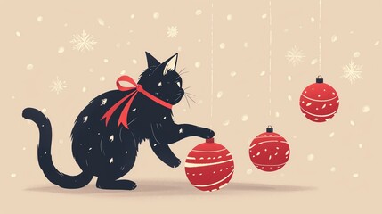 Cat playing with Christmas ornaments, festive fun, flat design illustration