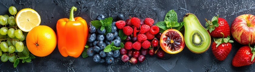 Wall Mural - Assortment of Fresh Fruits and Vegetables on Dark Background