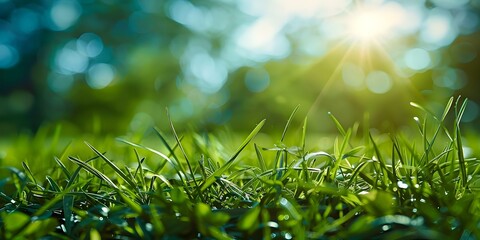 Wall Mural - Celebrating World Environment Day with an Abstract Background of Green Grass and Blue Sky. Concept World Environment Day, Green Grass, Blue Sky, Abstract Background, Nature Photography