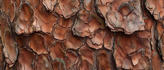 Wall Mural - Panoramic close-up, high detail scan of intricate cedar tree bark texture, Generative AI