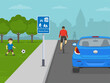© flatvectors - Safe driving tips and traffic regulation rules. Back view of a cyclist and car on road. Home zone sign area. Flat vector illustration template.