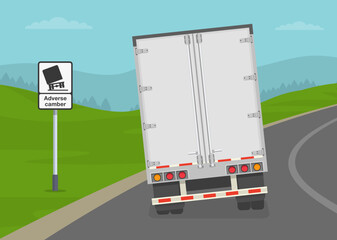 Wall Mural - Safe driving tips and traffic regulation rules. Back view of a heavy goods vehicle on a dangerous turn. Semi trailer is about to rollover. Flat vector illustration template.