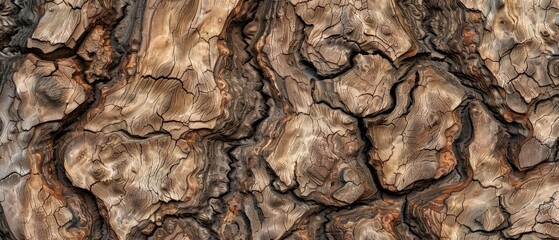 Wall Mural - Panoramic close-up, high detail scan of knotted walnut tree bark texture, Generative AI