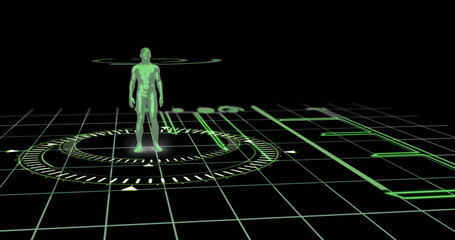 Wall Mural - Screens with data processing and human body model over a round scanner against black background
