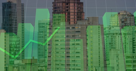 Sticker - Image of financial data and graphs over cityscape