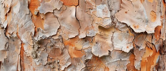 Wall Mural - Panoramic close-up, high detail scan of peeling gum tree bark texture, Generative AI
