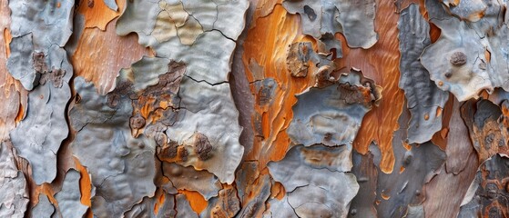 Wall Mural - Panoramic close-up, high detail scan of peeling gum tree bark texture, Generative AI