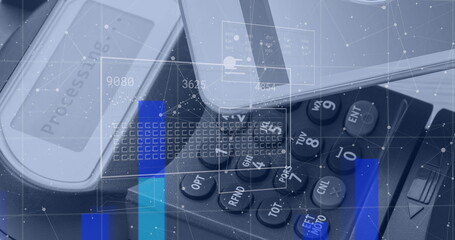 Sticker - Image of financial data, graphs processing on digital interface against credit card reader